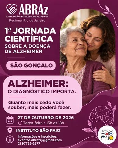Cartaz roxo da 1ª Jornada Científica sobre a Doença de Alzheimer, da ABRAz Regional Rio de Janeiro, com a foto de uma idosa abraçada por uma mulher mais jovem, a data, o horário, o local e os contatos.