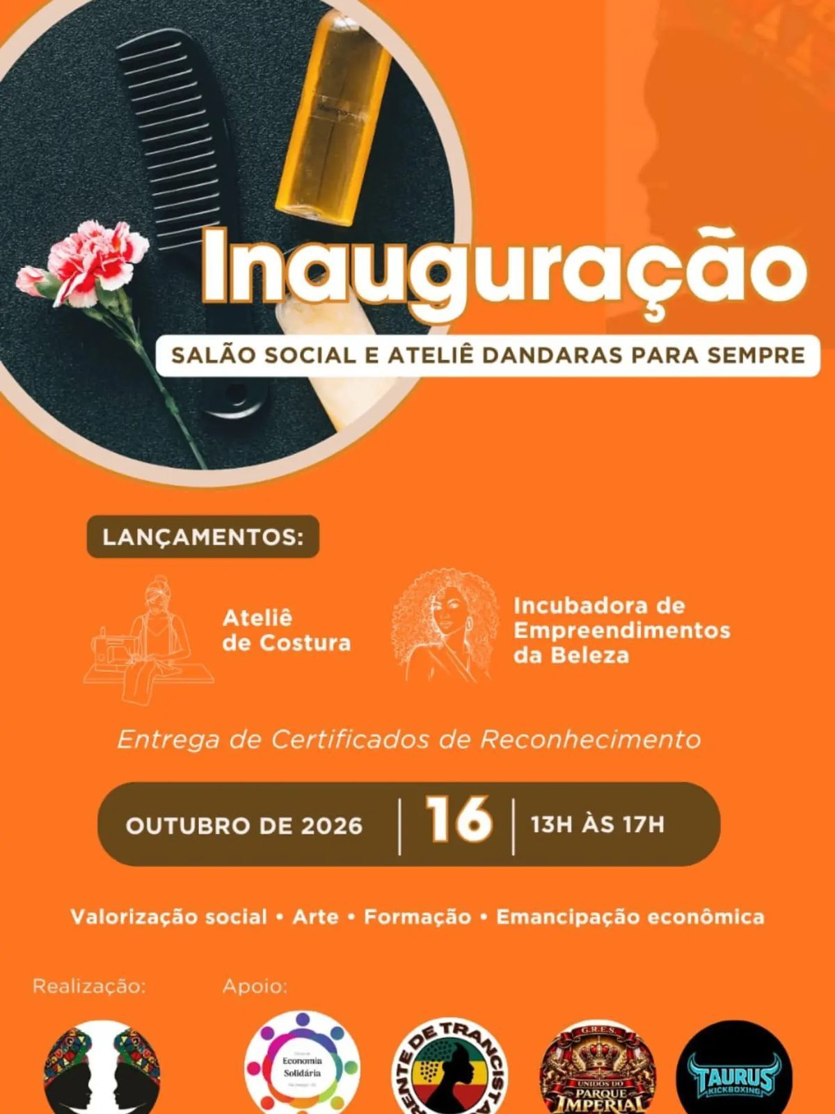 Cartaz de divulgação da inauguração do Salão Social e Ateliê Dandaras para Sempre, com programação do evento em 16 de outubro de 2026.