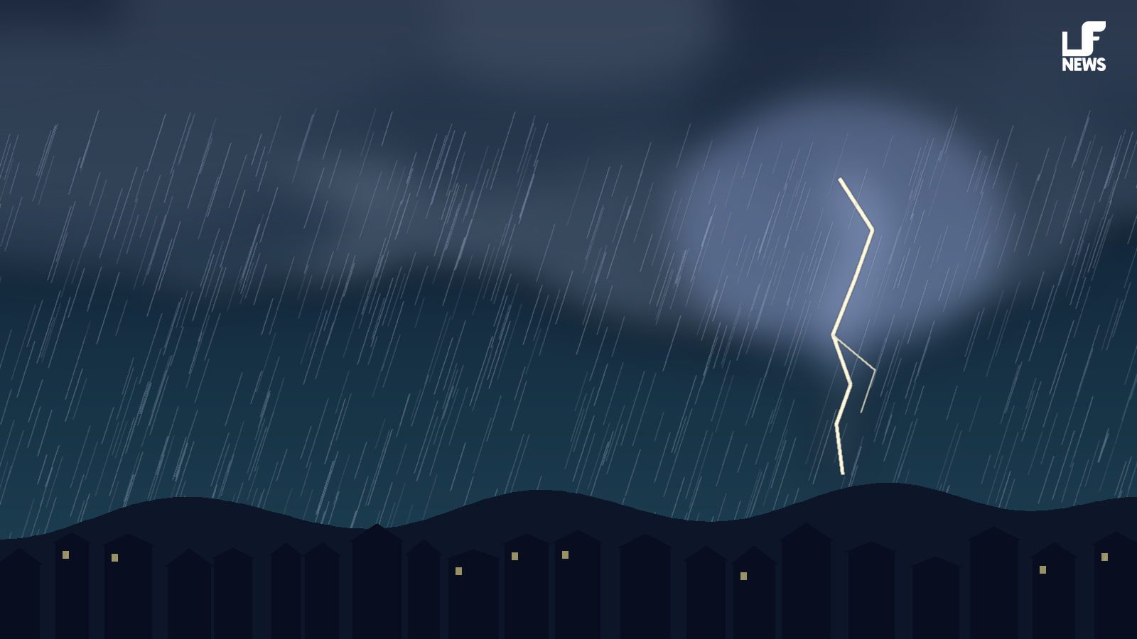 Ilustração de céu de tempestade, com nuvens escuras, chuva e um raio sobre a silhueta de morros e casas.