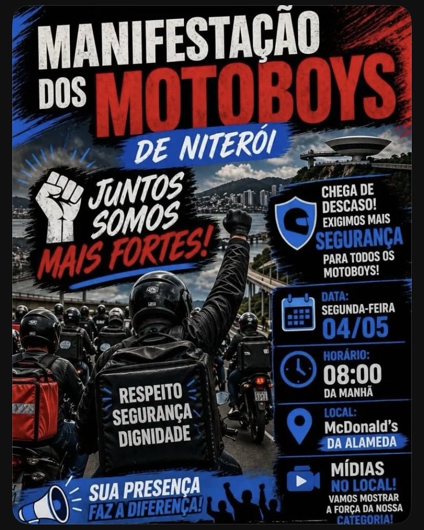 Motoboys de Niterói convocam manifestação na Alameda São Boaventura para cobrar mais segurança e respeito no trânsito
