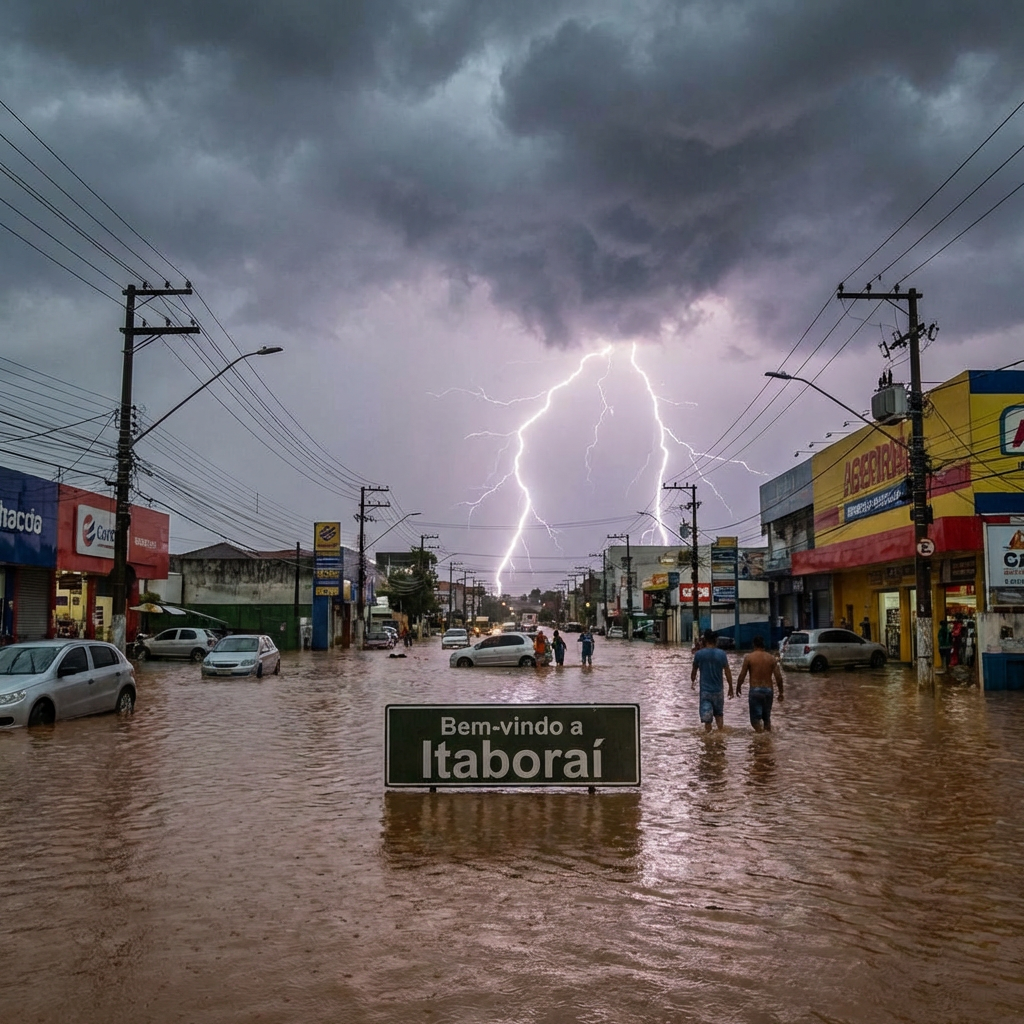 Avenida alagada com tempestade e raios em Itaboraí